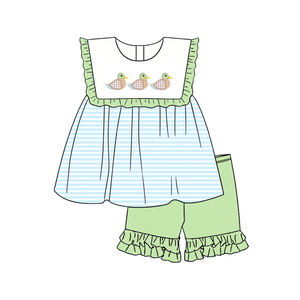 Conjuntos de pantalones cortos casuales de primavera y otoño con estampado de patos mallard para niños, vestido pelele de burbujas para bebé, conjuntos a juego para hermanos, algodón peinado - Product Image 3