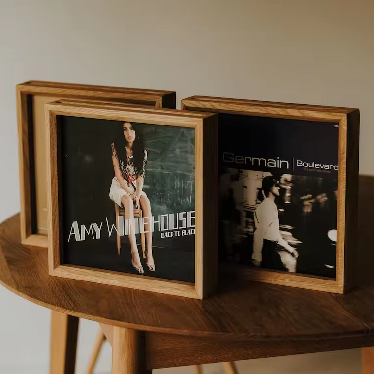 Ensemble de 3 présentoirs de disques vinyles en bois de chêne Boîte de rangement pour albums en bois Cadre mural pour disques vinyles en bois