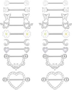 9 paires d'anneaux de mamelon en acier inoxydable coeur papillon lune fleur CZ Barbell langue anneaux ensemble mignon <span class=keywords><strong>Nipplering</strong></span> Piercing ton argent - Product Image 5