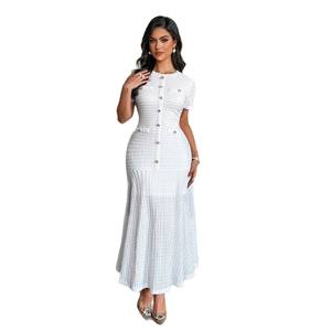 <span class=keywords><strong>Robe</strong></span> midi côtelée pour femme, collection automne 2026, col rond boutonné, manches courtes, style décontracté pour les fêtes d'hiver - Product Image 5
