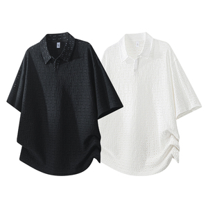 T-shirt da uomo ODM in maglia testurizzata perforata 220GSM, con risvolto, vestibilità morbida, manica corta, tinta unita, stile streetwear, morbida, per fornitura all'ingrosso - Product Image 3
