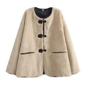 2023 Autumn winter round neck fur one imitation fur coat women's single breasted medium long lamb wool coat