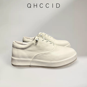 QHCCID Men's Genuine Leather Sneakers <b>White</b> Mid-<b>Heel</b> Thick Sole Casual Lace-Up Shoes Daily Wear - Product Image 4
