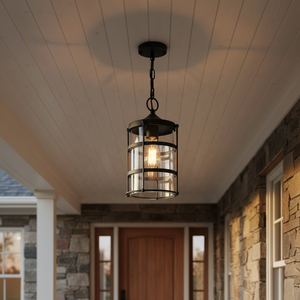 Luminaire extérieur en verre et en fer cylindrique à 1 ampoule E26, style industriel, luminaire suspendu pour porche, cour, noir - Product Image 1