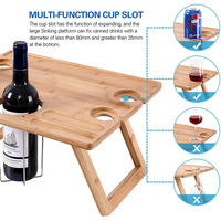 Table de pique-nique pliante en bambou, plateau de service portable pour le camping en plein air avec emplacements pour verres, table à vin pliable pour boissons et en-cas