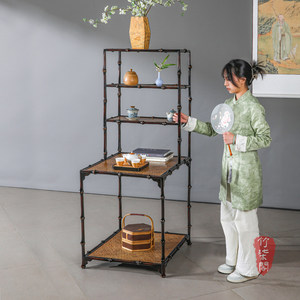 Bamboo Display <b>Stand</b> With Woven Shelves <b>Tea</b> Table Storage Cabinet Rectangle Freestanding Design - Product Image 5