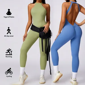 Desainer cepat kering mode satu potong tanpa lengan baju bermain kebugaran bodysuit Scrunch Butt mengangkat Gym Activewer Jumpsuit punggung terbuka