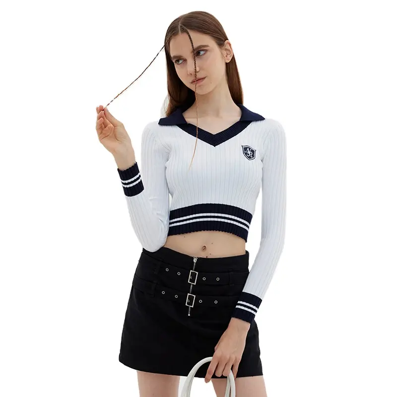 American Preppy Girl Jacquard Bump Color Lapel Sweater Long Sleeve Crop Hot Girl Knitted Top