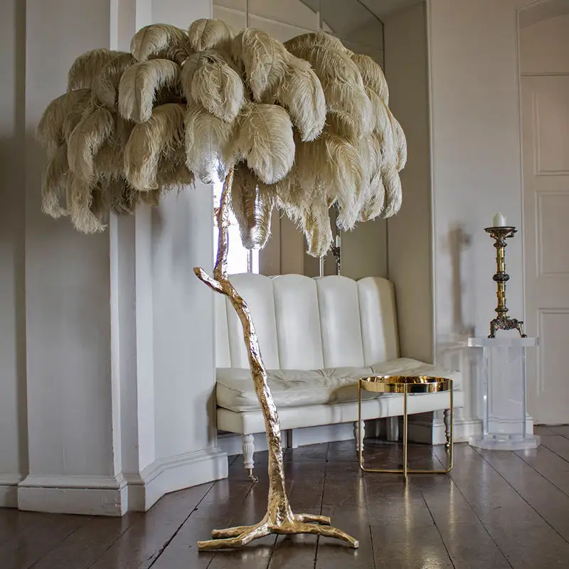 Роскошная лампа из страусиных перьев, Современная медная Золотая Напольная Лампа для гостиной, гостиничных стоячих светильников, спальни