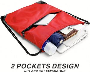 Sac à dos de voyage, de fitness et de camping imperméable pour femmes et hommes, grand sac à dos en nylon avec cordon de serrage et fermeture éclair en polyester rouge - Product Image 5