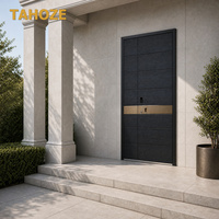 Porte d'entrée de luxe en acier, finition bois noir veiné avec bande bronze antique, double battant, serrure intelligente à clavier pour villa haut de gamme
