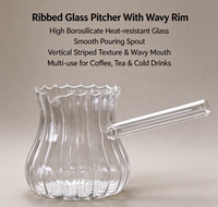 Pichet à café en verre borosilicate côtelé, résistant à la chaleur, avec bord ondulé et bec verseur lisse pour le thé, les boissons froides, la maison et le café
