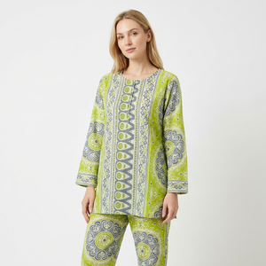 Ensemble de détente élégant pour femme, imprimé cachemire vert, manches trois quarts, col en coton biologique, vêtements de nuit d'été, longueur intégrale, 2 pièces - Product Image 1