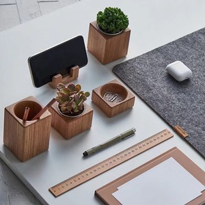 Ensemble d'organisateurs de bureau en bois, pots de plantes, <span class=keywords><strong>porte</strong></span>-stylos, plateau pour attaches, multifonctionnel, personnalisable, décoration moderne pour le bureau et l'école - Product Image 4