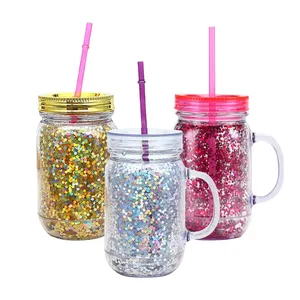 16oz 20oz double PS and AS material plastic straight Mason Cup with handle straw and lid