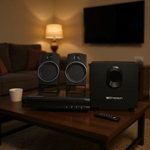 Système Home Cinéma Emerson 2.1 canaux avec Bluetooth, lecteur DVD, son surround et 3 enceintes en noir - Product Image 2