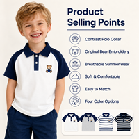 Polo d'été 2026 pour garçons, couleur contrastée, broderie ours mignon, t-shirt à manches courtes, style décontracté preppy pour enfants