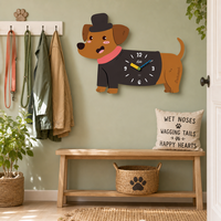 Jam Dinding Bentuk Dachshund Lucu Desain Art Deco MDF+Kristal, Baterai, Tahan Air, Tanpa Suara, Tanpa Bunyi Tik-tok, Kartun, Ruang Tamu