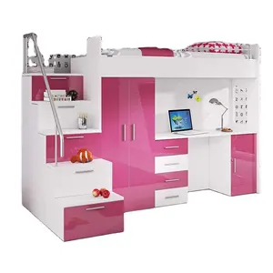 Gran oferta, litera rosa para dormitorio infantil, juego de muebles de loft de madera para niños con mesa de estudio y Escritorio