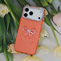 Coque de téléphone avec cadre en strass oreilles de chat et nœud en tulle 3D, protection mignonne pour iPhone 17 16 15 14 13 12 11 Pro Max