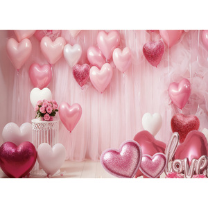 Fundo para Fotografia de Casamento no Dia dos Namorados, Cenário de Balões de Amor com Rosas Cor-de-Rosa, Banner Personalizável para Chá de Panela - Product Image 1