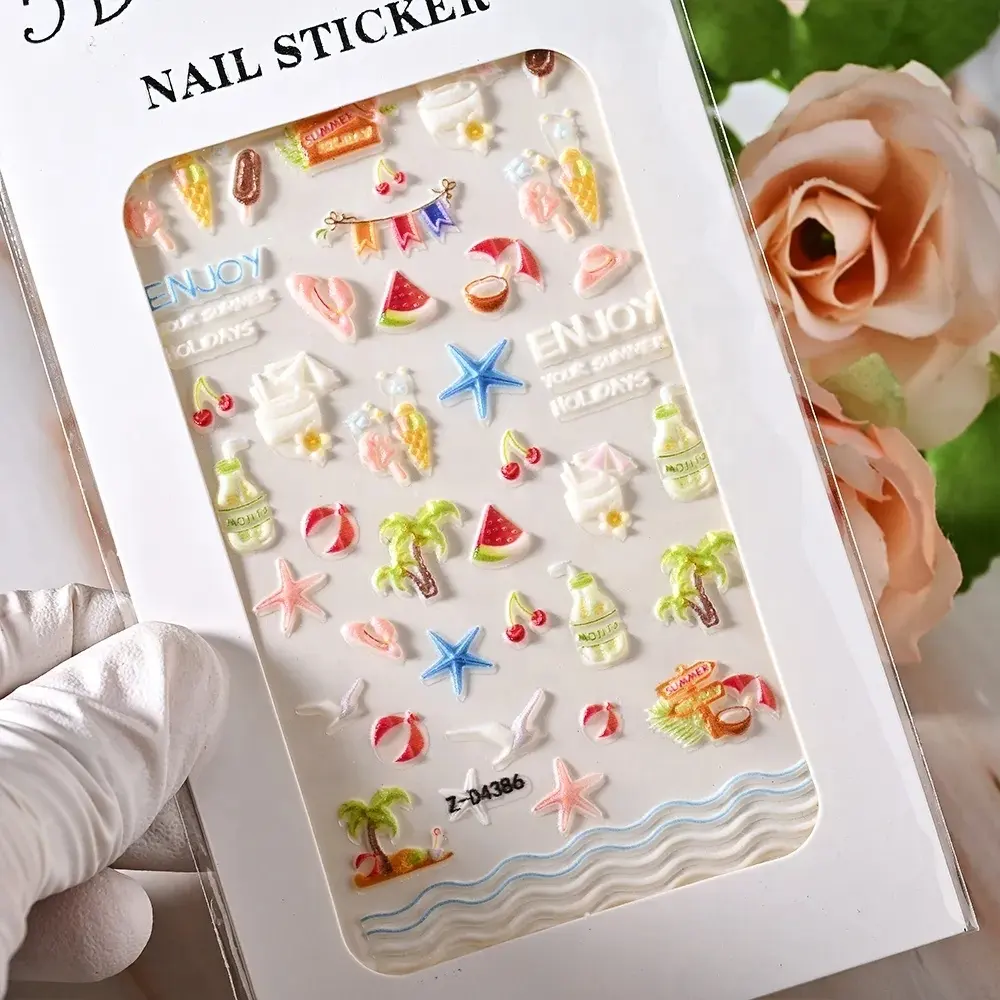 1 Blatt Sea Shell 5D Nagel aufkleber Strand geprägte Blumen selbst klebende Nail Art Aufkleber Aufkleber Ocean Summer Shell Nail Slider