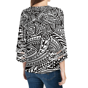 Blus lembut bermotif bunga kerah V yang cantik kemeja longgar kasual atasan sifon lengan lonceng pakaian belanja perjalanan wanita gaya Polinesia - Product Image 3