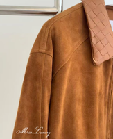 Veste bomber en cuir de daim véritable, couleur caramel cognac, épaules tombantes, ourlet côtelé, pour homme et femme