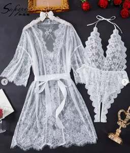 B069 <b>Sexy</b> <b>Sheer</b> Women's <b>Lingerie</b> Lace Robe Bodysuit & Long Sleeved Nightgown Set with Bow Tie Belt 100% Polyester Mesh - Product Image 3