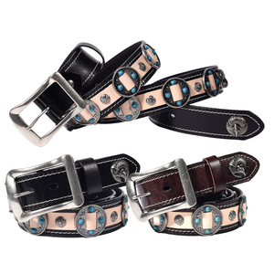 Nouvelle ceinture bohème artisanale en cuir de vachette pleine fleur avec rivets décoratifs, motif géométrique et boucle en alliage - Product Image 1