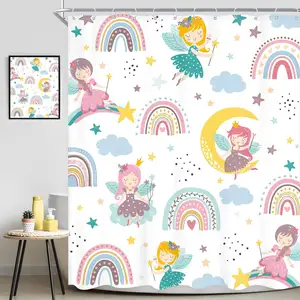 Custom Boho Rainbow Lovely Fairy Princess Moon Stars Clouds Colorful Cartoon Shower Curtain Bathroom Set Home Decor for kids