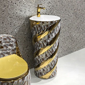 Lavabo de salle de bain en céramique moderne, en forme de cylindre rond sur piédestal, à poser au sol, ensemble de lavabo et de toilettes - Product Image 2