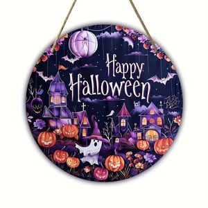 Letrero de Madera de Halloween, Decoración de Pared con Fantasma Morado, Calabaza y Casa Encantada, Adorno de Puerta con Murciélagos Espeluznantes, Decoración para Fiesta de Halloween - Product Image 4