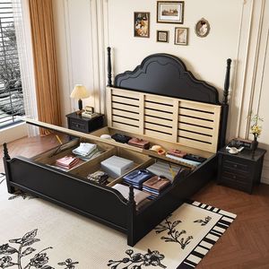 American Retro Solid Wood <b>Bed</b> 1.8m French Style Master Bedroom <b>Double</b> <b>Bed</b> Black Storage Wedding <b>Bed</b> - Product Image 2