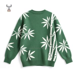 Nanteng fábrica personalizada 100% algodón estilo Retro hojas de bambú de gran tamaño tejido Jacquard cuello en V manga larga para <span class=keywords><strong>hombre</strong></span> cárdigan suéter - Product Image 2