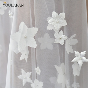 YouLaPan Velo de novia corto de una sola capa con flores 3D y perlas, sin peine, de tul suave, accesorios de boda, cubrecara para mujer <span class=keywords><strong>M153</strong></span> - Product Image 6