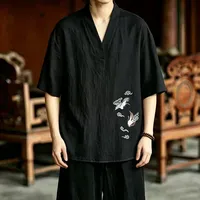 T-shirt ample pour homme, col en V, broderie grue, mélange coton-lin, tenue décontractée