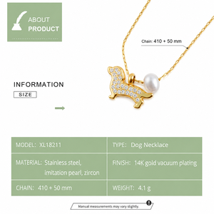 Collar con Colgante de Perro, Acero Inoxidable, Zirconia, Imitación de Perla, Cadena Ajustable de 410+50 mm, Opciones de Color Dorado y Plateado - Product Image 3