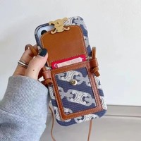 Étui de Téléphone en Cuir de Marque de Luxe avec Longue Sangle pour iPhone 16 15 14 13 12 Pro Max, Coque Populaire pour Femme avec Porte-Cartes