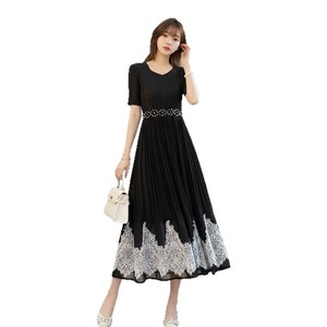 Consegna Rapida, Vendita all'Ingrosso: Abito Plissettato Vintage Nero in Pizzo per Donna, Vestito Estivo Patchwork Ampio a Linea A, Abito Plissettato Stile Miyake - Product Image 5
