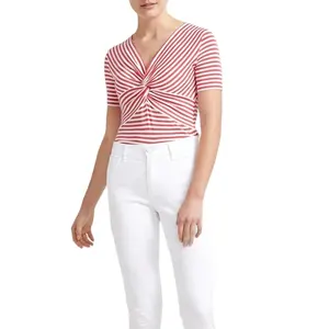 Blusa casual e apertada de algodão, blusa com decote em v com detalhe em torno da blusa, estampa listrada, para primavera, 2020