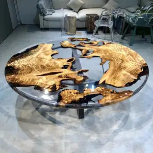 Fashion modern design epoxy resin round live edge slab wood clear epoxy resin river coffee table