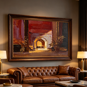 <span class=keywords><strong>Peinture</strong></span> intérieure Art Déco impasto peinte à la main, cheminée en pierre lumineuse, finition délicate en feuille d'or, tons riches de prune bordeaux et bleu - Product Image 5