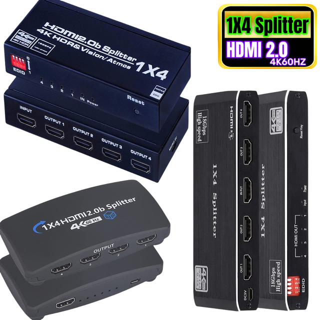HDMI Splitter 1 in 4 Out 4K 60Hz HDMI 2.0 Splitter 1x4 Audio Video Distributor Box Full Ultra HD HDR HDCP 2.2 for Blu-Ray PS5
