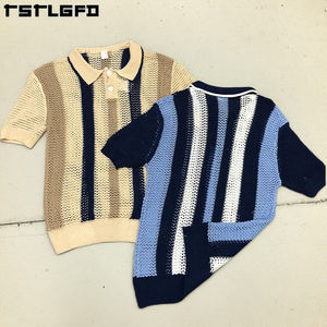 Maglietta estiva personalizzata a righe all'uncinetto con bottone cavo a maniche corte con collo alto <span class=keywords><strong>Cardigan</strong></span> da uomo maglione Jacquard t-Shirt - Product Image 4