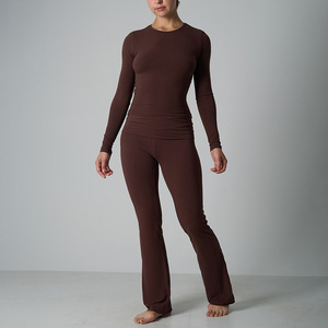 Conjunto de Pantalones y Camiseta de Manga Larga para Mujer, Mezcla de Algodón y Elastano, Color Sólido, Blanco Hueso, Marrón, Negro, Estilo Europeo y Americano, para Yoga, Marca SUHE - Product Image 3
