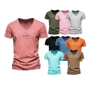 T-Shirt da uomo in fibra di bambù Slim-Fit con scollo a V Soft Touch stampa in cotone semplice T-Shirt canapa da uomo