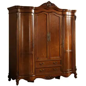 European Solid Wood Four-door Large Closet Simple Closet Bedroom Vintage Checkroom Large Capacity Storage Cabinet