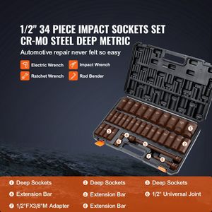 Deep <b>Impact</b> <b>Socket</b> Set 34pcs 1/2\" Drive Metric (8-36mm) 6-Point Cr-Mo Alloy Steel for Auto Repair Rugged Construction Includes - Product Image 3