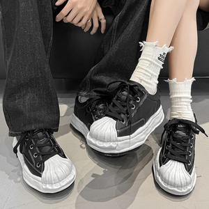 Chunky <b>Black</b> Genuine Leather <b>Sneakers</b> Round Toe Lace-up Thick Sole EVA Midsole Rubber Outsole All Seasons Walking Style Shoes - Product Image 3